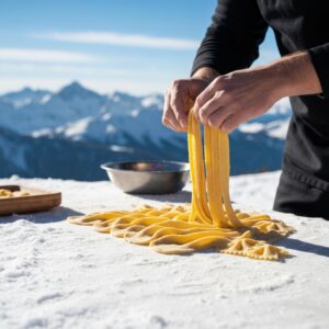 A person making fresh pasta in a winter landscape with mountains in the background.